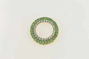 10K Diamond Emerald Halo Circle Round Statement Pendant Yellow Gold