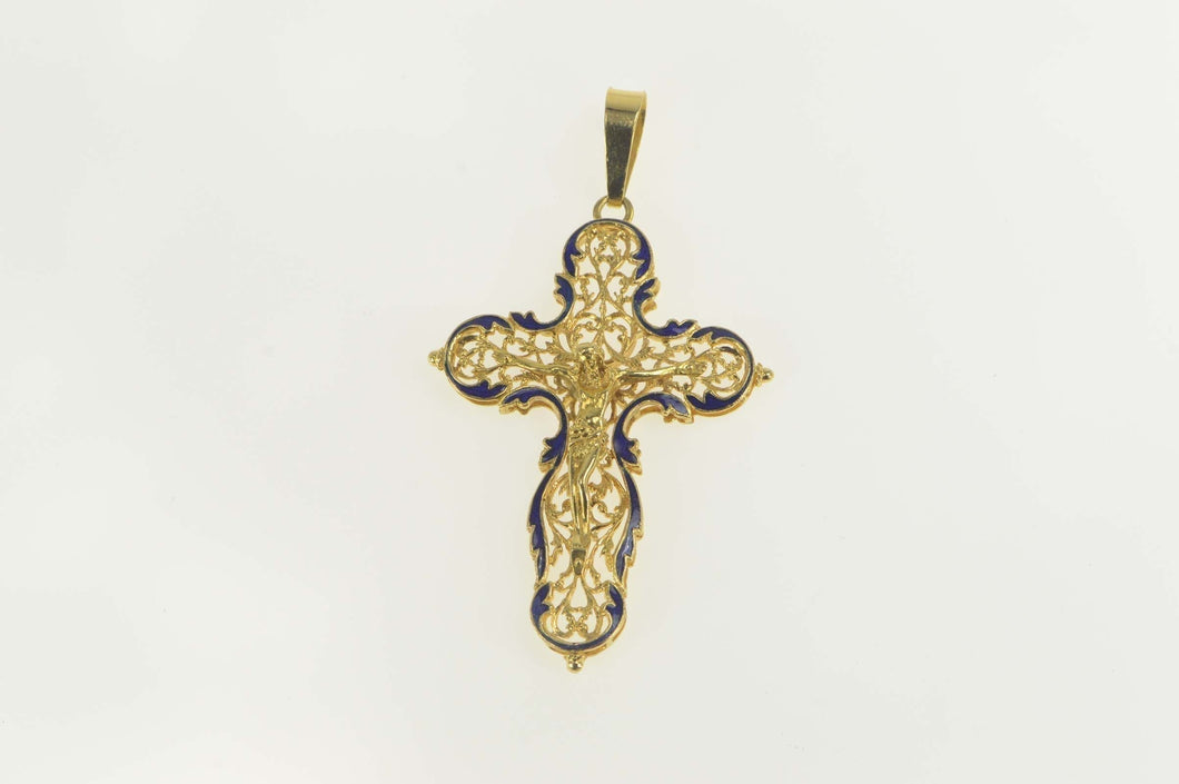 18K Crucifix Scroll Filigree Enamel Cross Christian Pendant Yellow Gold