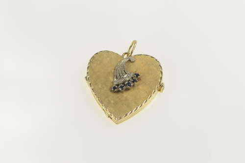 14K Sapphire Diamond Retro Heart Locket Photo Pendant Yellow Gold