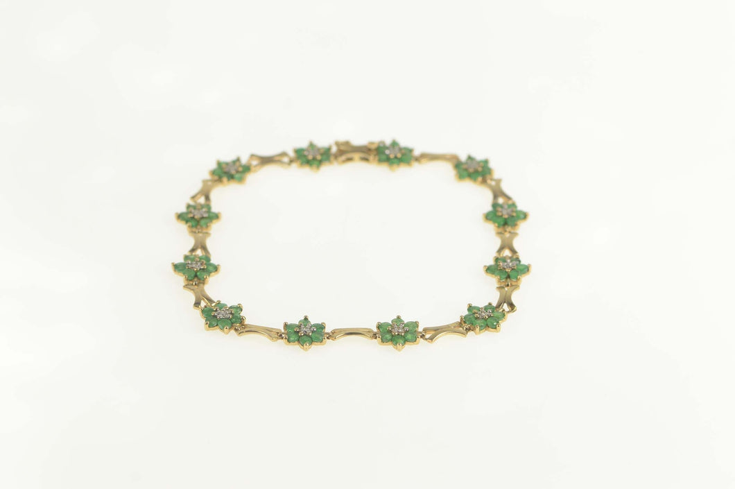 10K Natural Emerald Diamond Flower Cluster Bracelet 7.5