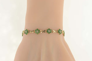 10K Natural Emerald Diamond Flower Cluster Bracelet 7.5" Yellow Gold