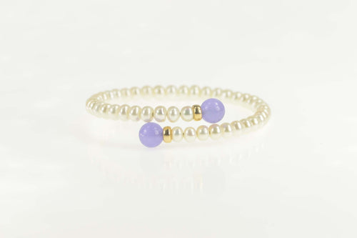 14K Lilac Jade Pearl Bypass Statement Bangle Bracelet 6.5