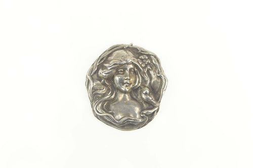 Sterling Silver Art Nouveau Repousse Lady Portrait Medallion Pendant