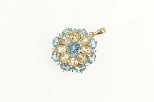14K Cubic Zirconia Blue Topaz Flower Cluster Pendant Yellow Gold