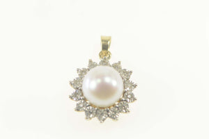 10K Pearl Diamond Halo Classic Statement Pendant Yellow Gold