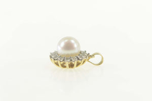 10K Pearl Diamond Halo Classic Statement Pendant Yellow Gold