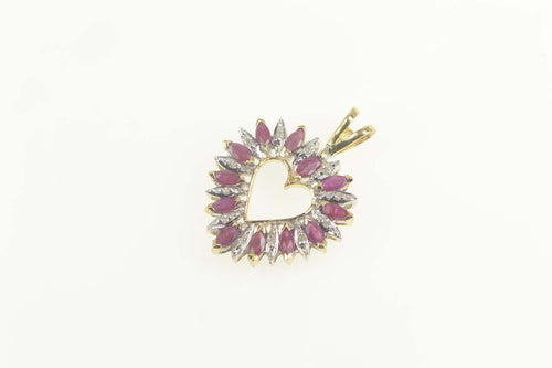 14K Marquise Ruby Diamond Heart Love Symbol Pendant Yellow Gold
