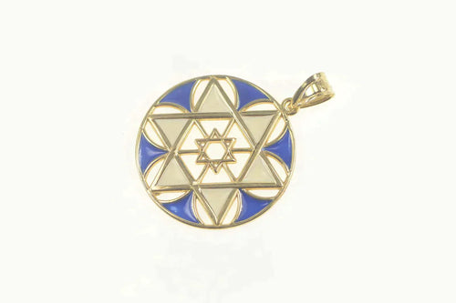 14K White & Blue Enamel Star of David Jewish Pendant Yellow Gold