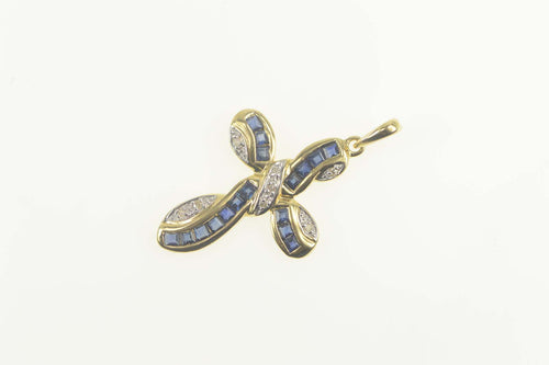 14K Princess Sapphire Diamond Wavy Cross Pendant Yellow Gold