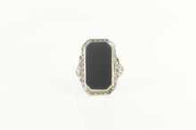 Load image into Gallery viewer, 18K Art Deco Black Onyx Filigree Statement Ring Size 2.5 White Gold