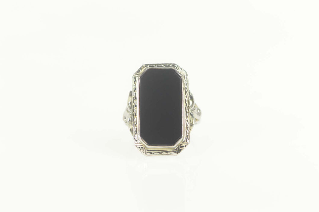 18K Art Deco Black Onyx Filigree Statement Ring Size 2.5 White Gold