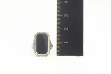 Load image into Gallery viewer, 18K Art Deco Black Onyx Filigree Statement Ring Size 2.5 White Gold