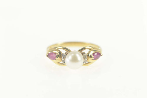 14K Pearl Diamond Accent Marquise Ruby Ring Size 6 Yellow Gold