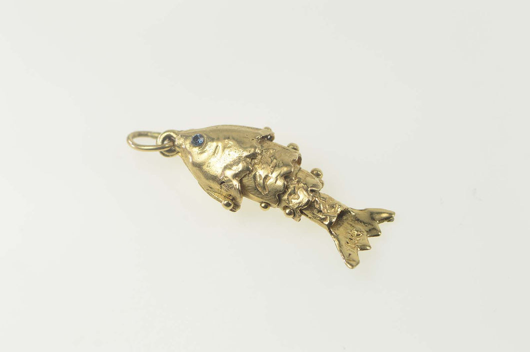 14K Articulated Sim. Sapphire Eyed Fish Charm/Pendant Yellow Gold