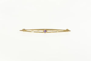 10K Princess Amethyst Seed Pearl Bar Pin/Brooch Yellow Gold