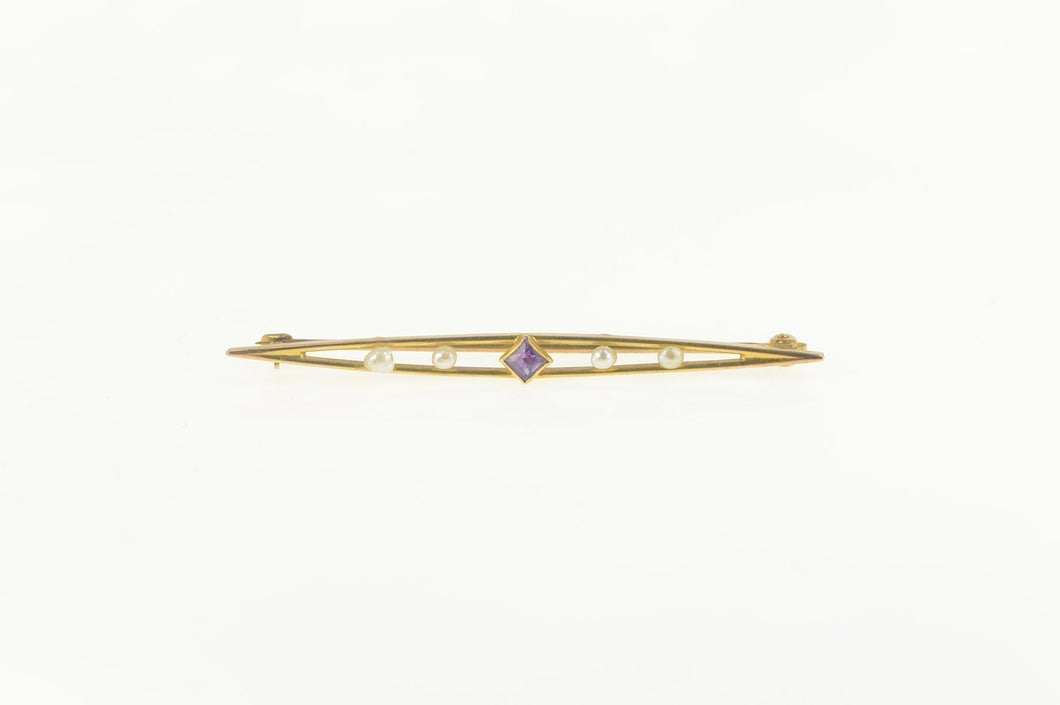 10K Princess Amethyst Seed Pearl Bar Pin/Brooch Yellow Gold