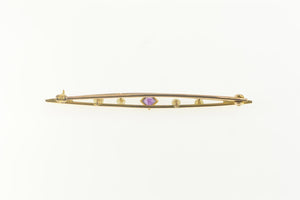 10K Princess Amethyst Seed Pearl Bar Pin/Brooch Yellow Gold