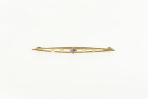 10K Princess Amethyst Seed Pearl Bar Pin/Brooch Yellow Gold