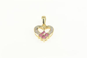 14K Ruby Diamond Heart Flower Accent Love Pendant Yellow Gold