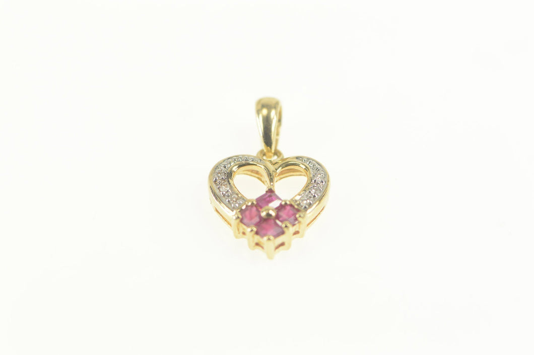 14K Ruby Diamond Heart Flower Accent Love Pendant Yellow Gold