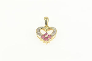 14K Ruby Diamond Heart Flower Accent Love Pendant Yellow Gold