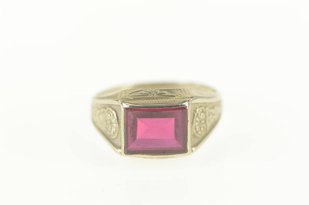 10K Art Deco Syn. Ruby Squared Statement Ring Size 9.5 White Gold