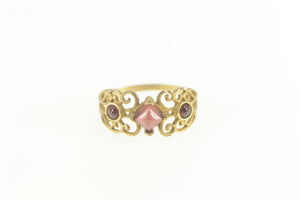 10K Ornate Garnet Three Stone Filigree Statement Ring Size 8 Yellow Gold