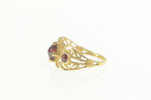 Load image into Gallery viewer, 10K Ornate Garnet Three Stone Filigree Statement Ring Size 8 Yellow Gold