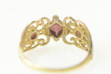 Load image into Gallery viewer, 10K Ornate Garnet Three Stone Filigree Statement Ring Size 8 Yellow Gold