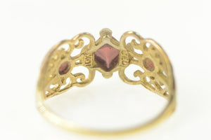 10K Ornate Garnet Three Stone Filigree Statement Ring Size 8 Yellow Gold