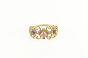 10K Ornate Garnet Three Stone Filigree Statement Ring Size 8 Yellow Gold