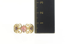 Load image into Gallery viewer, 10K Ornate Garnet Three Stone Filigree Statement Ring Size 8 Yellow Gold