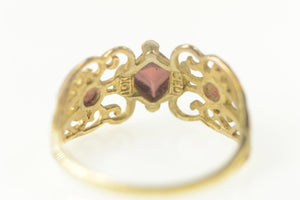 10K Ornate Garnet Three Stone Filigree Statement Ring Size 8 Yellow Gold