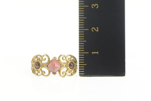10K Ornate Garnet Three Stone Filigree Statement Ring Size 8 Yellow Gold