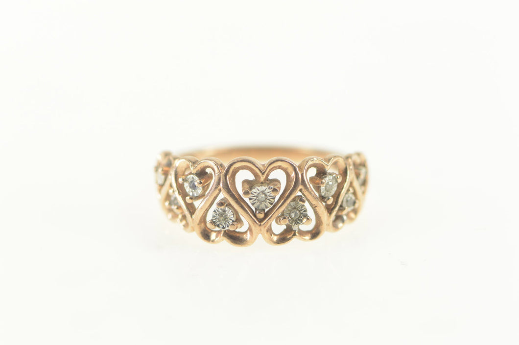 10K Retro Diamond Heart Pattern Wedding Band Ring Size 5.5 Rose Gold