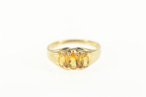 14K Oval Citrine Three Stone Classic Statement Ring Size 5.75 Yellow Gold