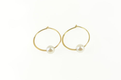 14K Pearl Inset Classic Simple Statement Hoop Earrings Yellow Gold