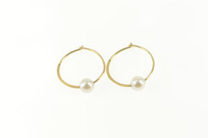 14K Pearl Inset Classic Simple Statement Hoop Earrings Yellow Gold