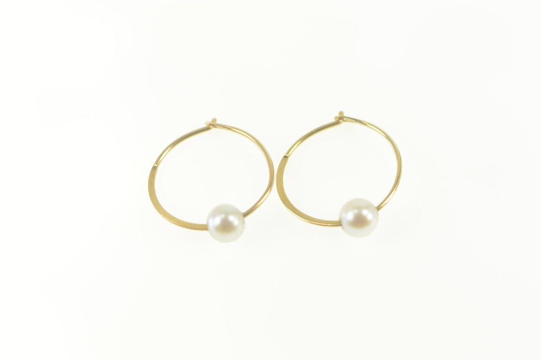 14K Pearl Inset Classic Simple Statement Hoop Earrings Yellow Gold