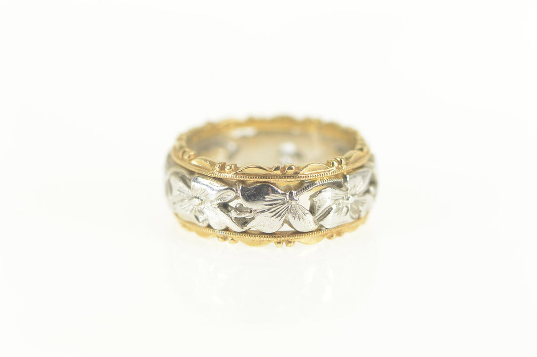 14K Vintage NOS Two Tone Ornate Wedding Band Ring Size 5.5 Yellow Gold