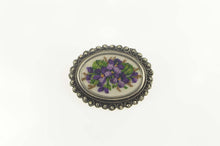 Load image into Gallery viewer, Sterling Silver Retro Cross Stitch Violet Flowers Oval Elaborate Pin/Brooch