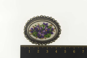 Sterling Silver Retro Cross Stitch Violet Flowers Oval Elaborate Pin/Brooch