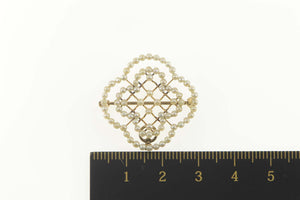 14K Victorian Seed Pearl Flower Clover Filigree Pin/Brooch Yellow Gold