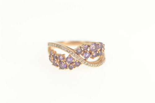 10K Amethyst Diamond Wavy Criss Cross Ring Size 7 Rose Gold