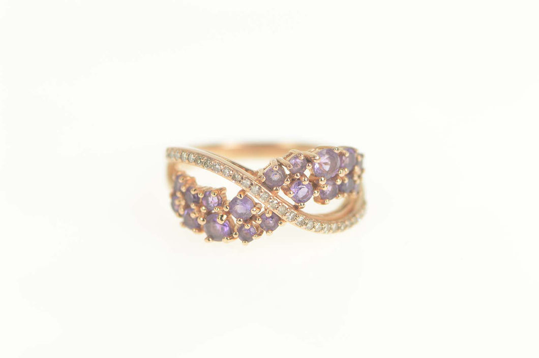 10K Amethyst Diamond Wavy Criss Cross Ring Size 7 Rose Gold