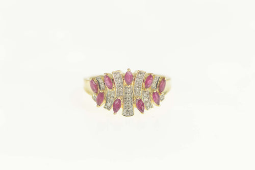 10K Pear Ruby Diamond Curved Statement Band Ring Size 10 Yellow Gold