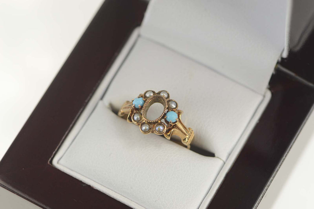 14K Victorian Turquoise Pearl Engagement Setting Ring Size 4.25 Yellow Gold