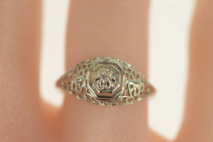 14K Art Deco Ornate Filigree Promise Engagement Ring Size 6 White Gold