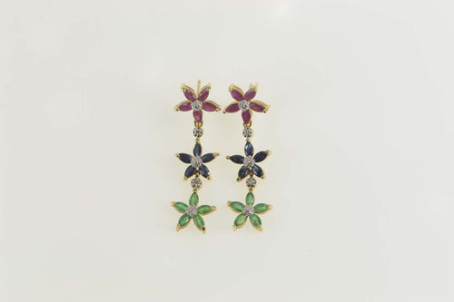 14K Emerald Sapphire Diamond Flower Dangle Earrings Yellow Gold