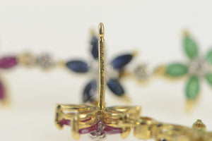 14K Emerald Sapphire Diamond Flower Dangle Earrings Yellow Gold